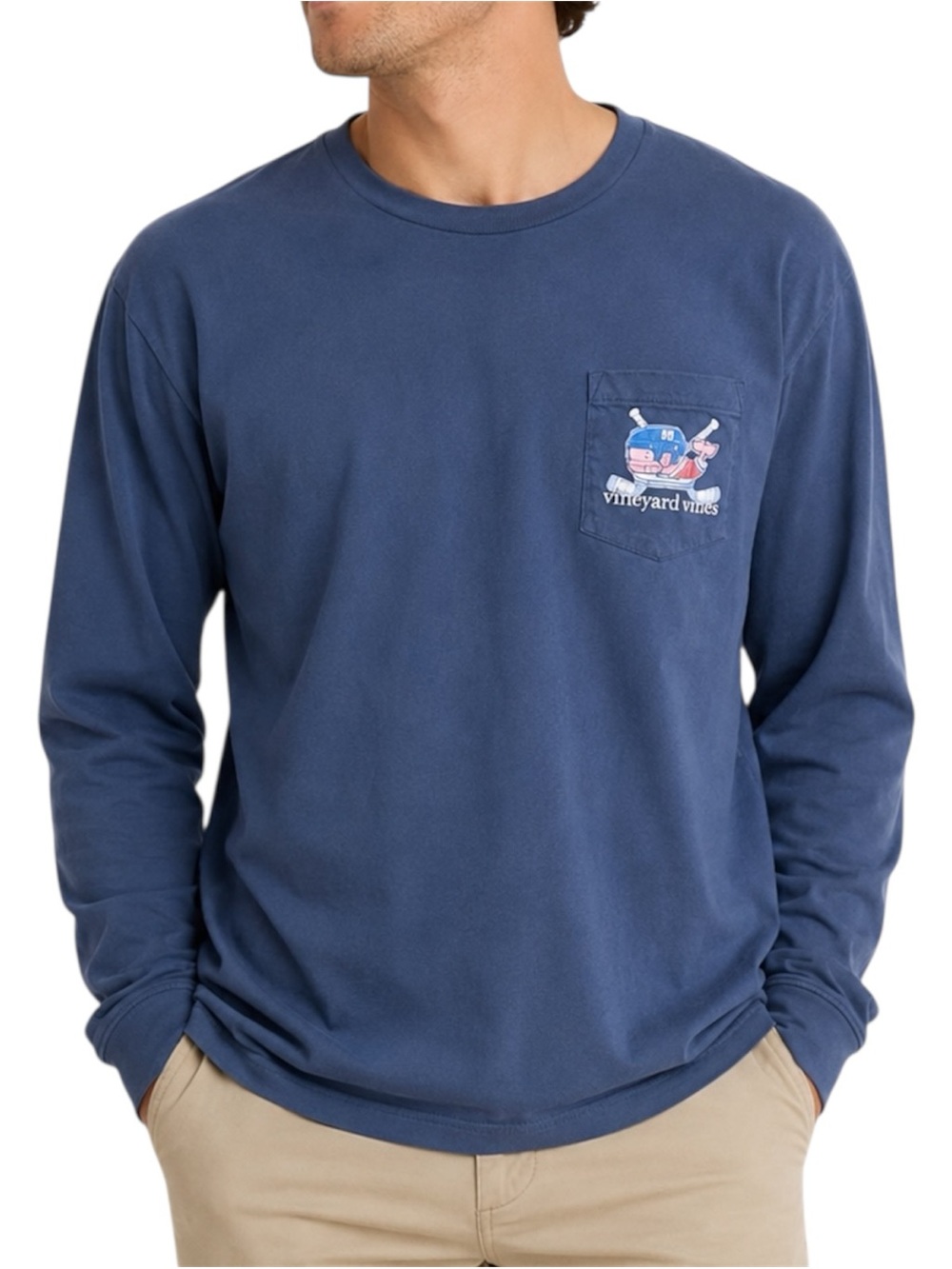 Vineyard Vines Blue Hockey Whale Long Sleeve Cotton Pocket Tee Shirt Size Large
